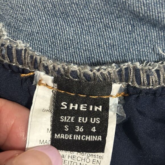 Backless Denim Mini Dress Sz S(4) by Shein Medium Wash Blue Ruched Stretch - Picture 9 of 10